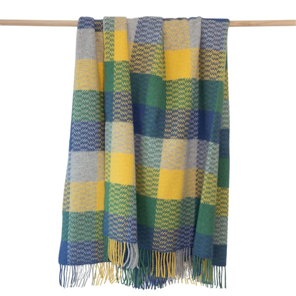 Merino Wool Cashmere Throw Blue Grey Yellow Green Block Textured Twill