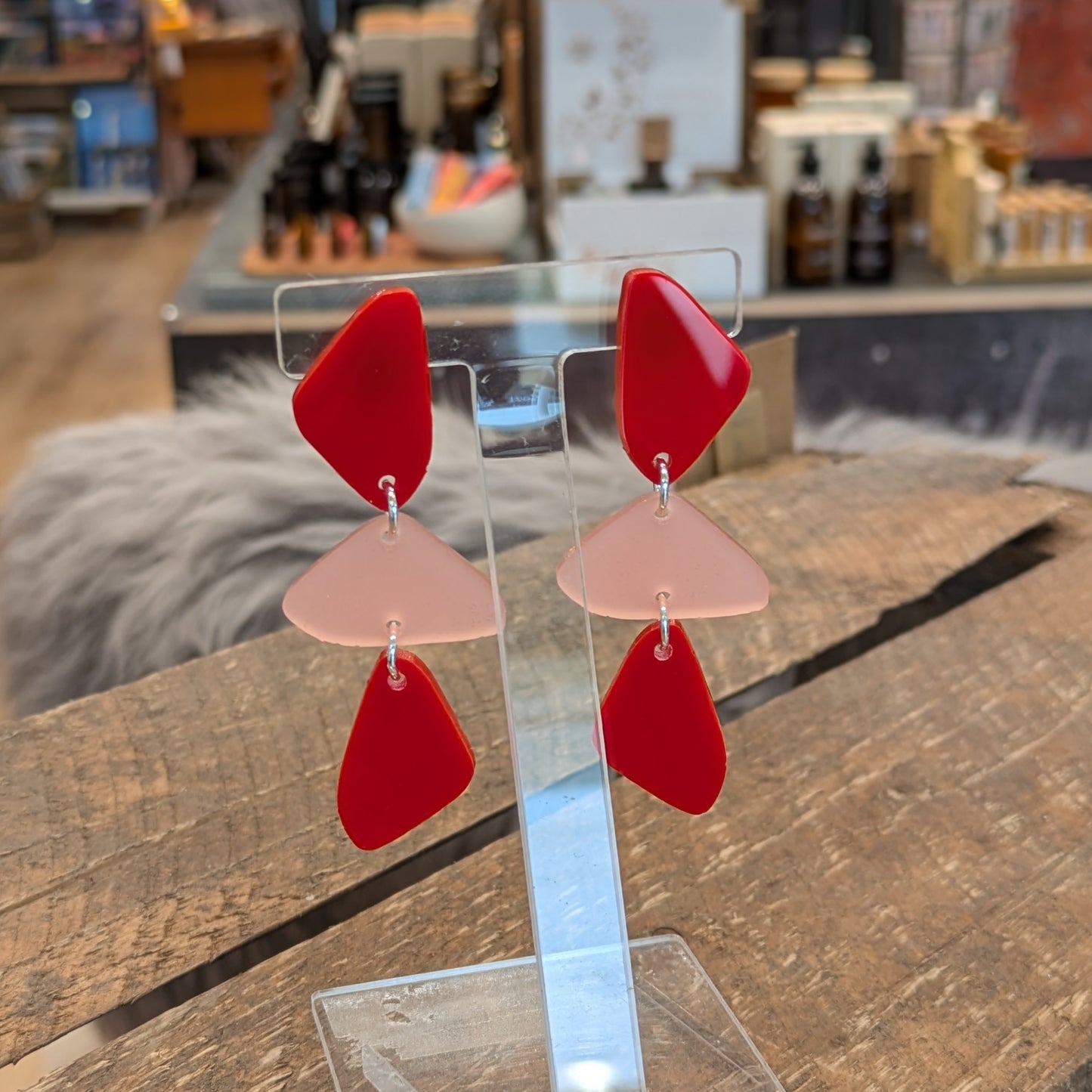 Stacked Rocks Dangles - Red/Frost Rose