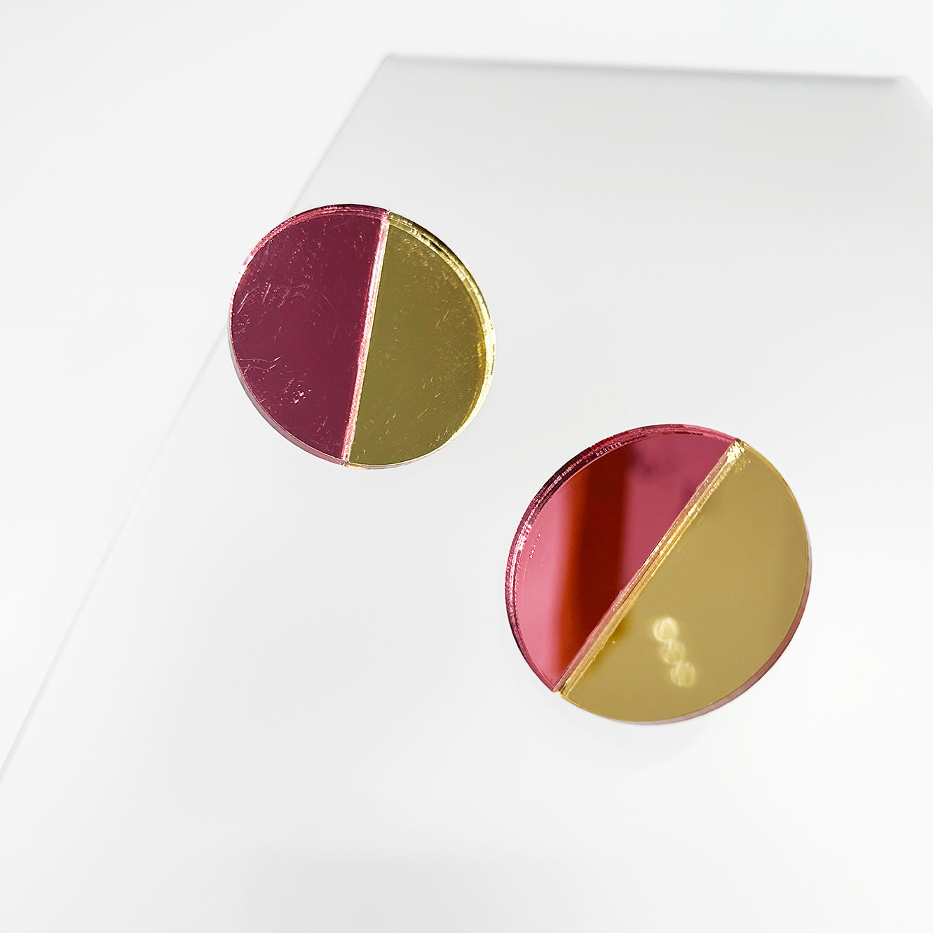 Dancer - Perspex Mirror Large Stud Earrings in Gold & Pink