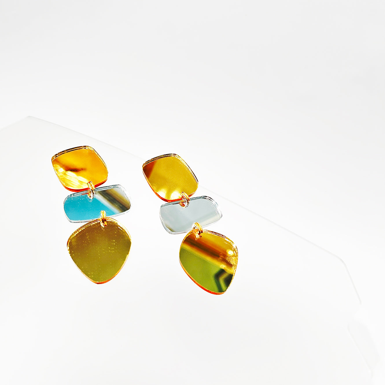 Hall of Mirrors - Perspex Mirror Drop Earrings in Gold & Silver