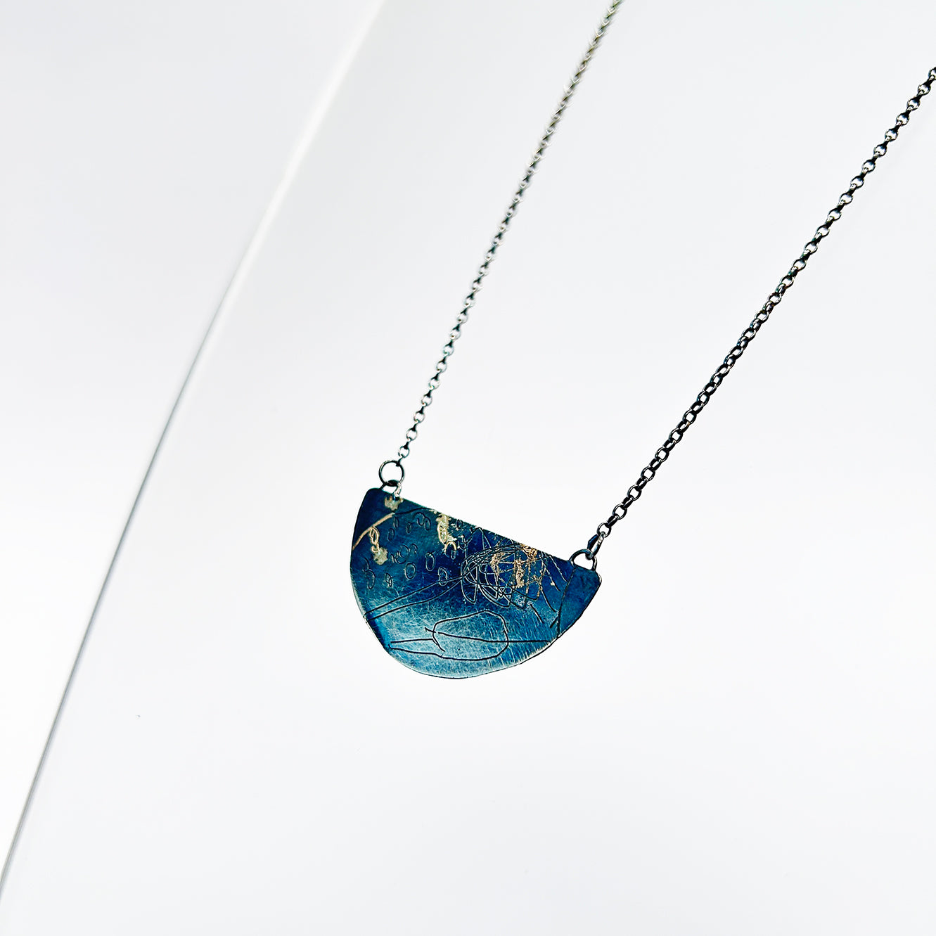 Map Half Moon Pendant Large - Oxidised Sterling Silver with 9ct Gold
