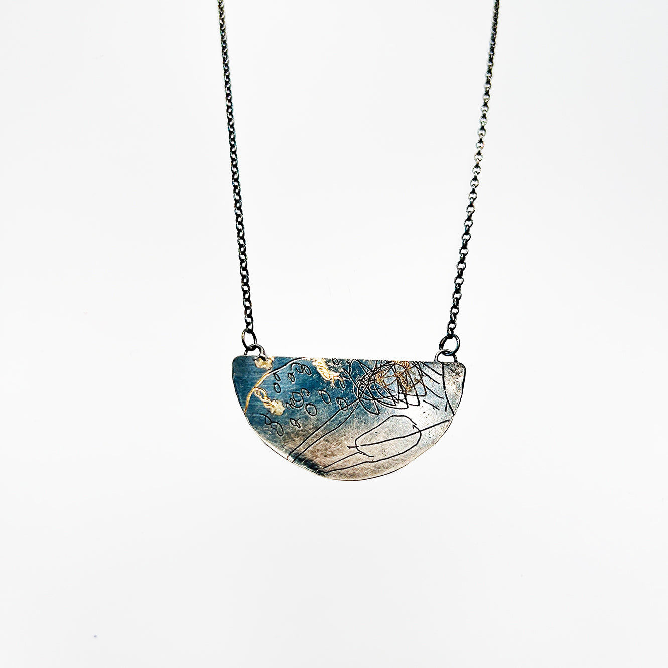 Map Half Moon Pendant Large - Oxidised Sterling Silver with 9ct Gold