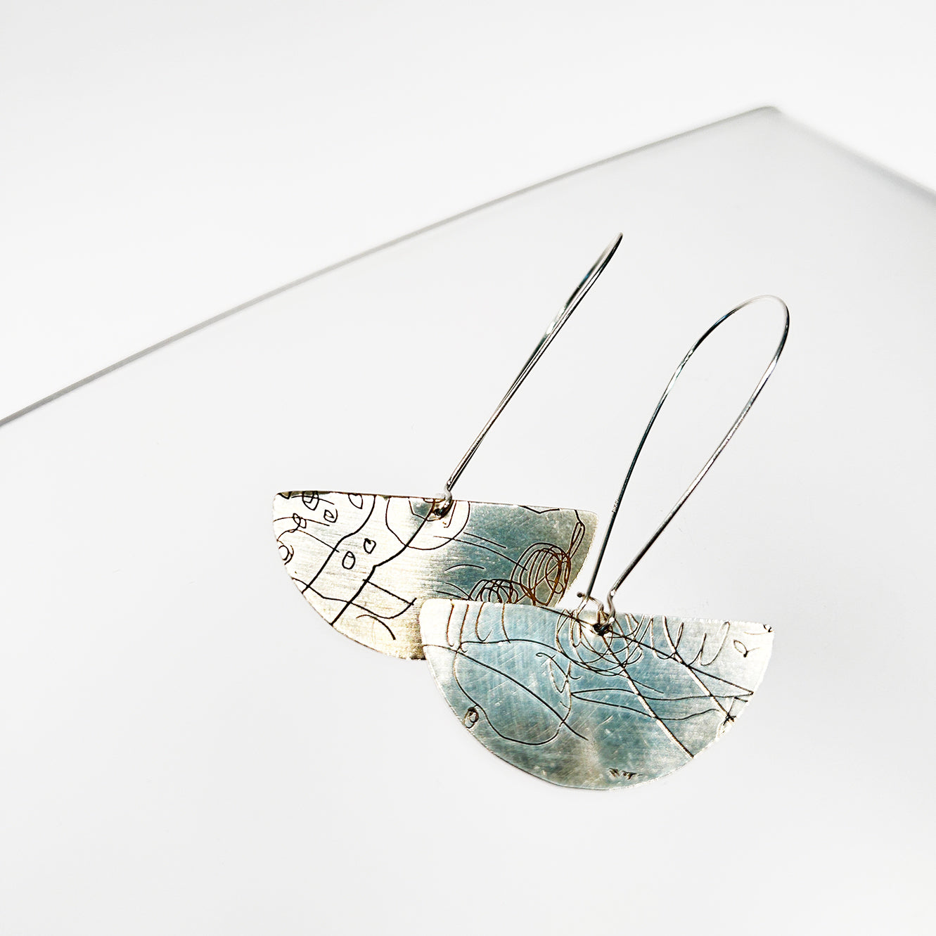 Etched Half Moon Hoop Earrings Large - Sterling Silver