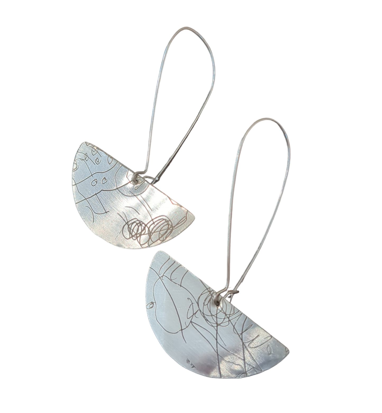 Etched Half Moon Hoop Earrings Large - Sterling Silver
