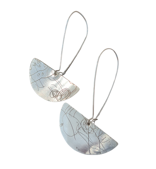 Etched Half Moon Hoop Earrings Large - Sterling Silver