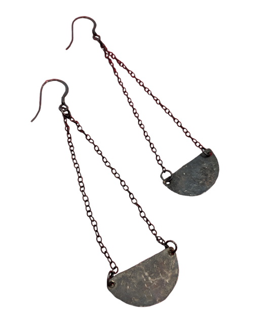 Oxidised Silver Chain Half Moon Beaten Earrings