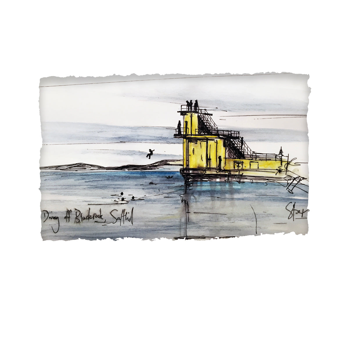 DIVING OFF BLACKROCK - Iconic Yellow Sea Diving Boards Salthill Galway Ireland by Stephen Farnan