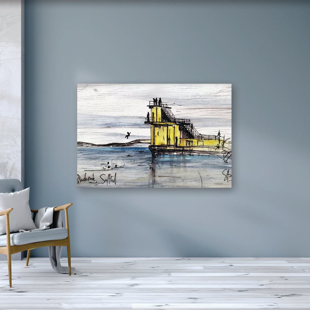 DIVING OFF BLACKROCK - Iconic Yellow Sea Diving Boards Salthill Galway Ireland by Stephen Farnan