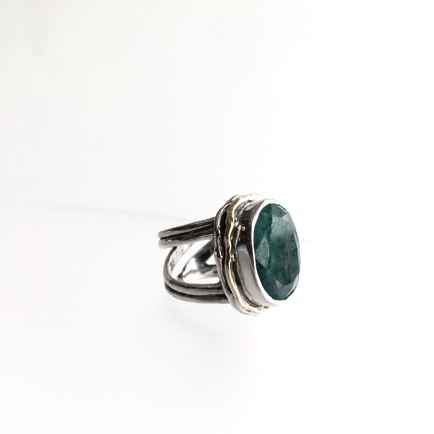 Rough Cut Emerald Magnolia Ring - solid Silver with Gold plate