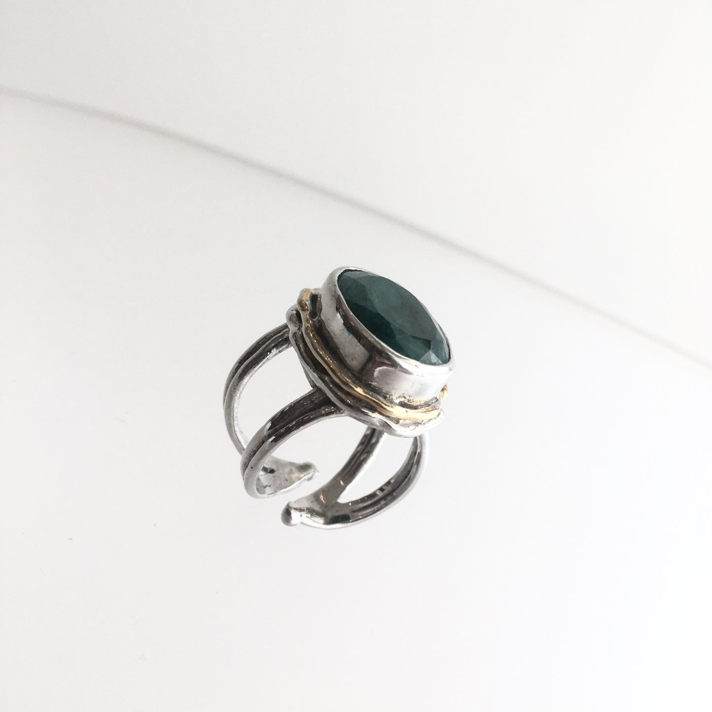 Rough Cut Emerald Magnolia Ring - solid Silver with Gold plate
