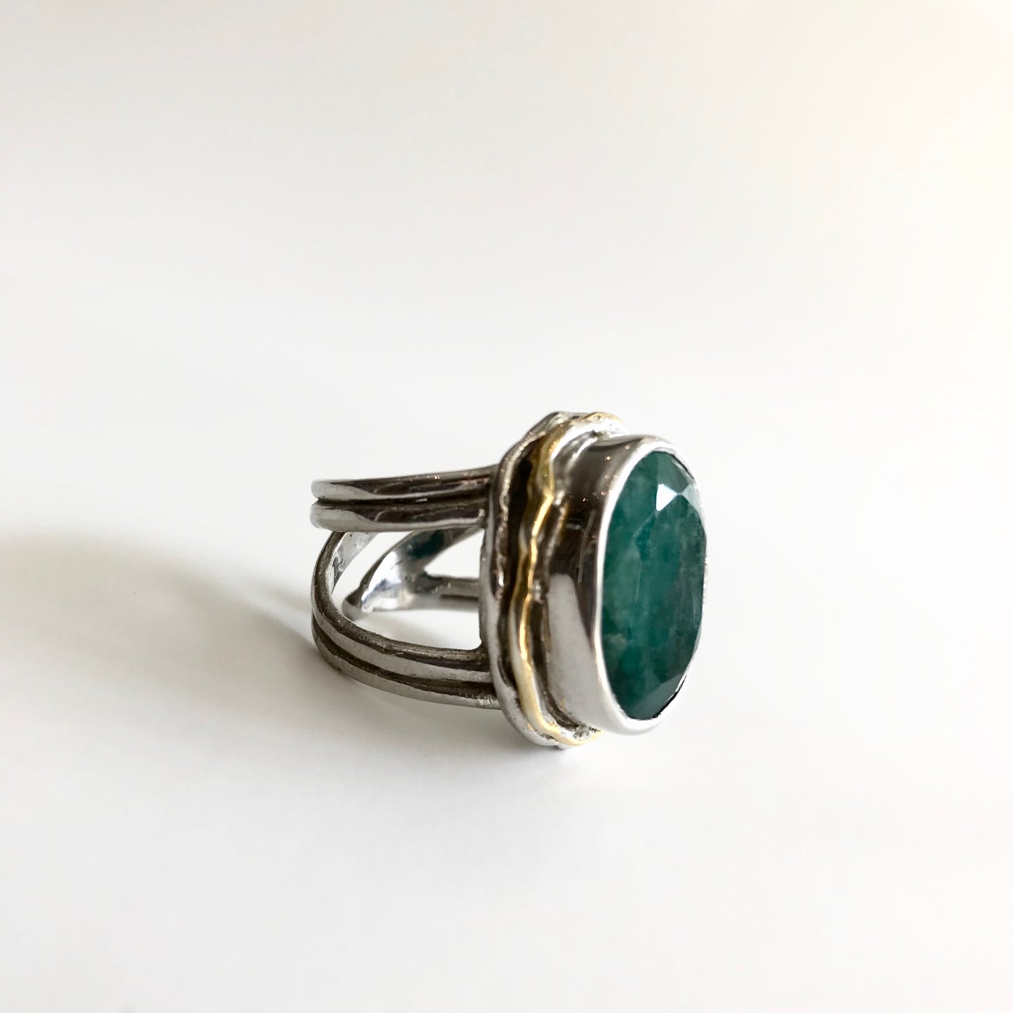 Rough Cut Emerald Magnolia Ring - solid Silver with Gold plate