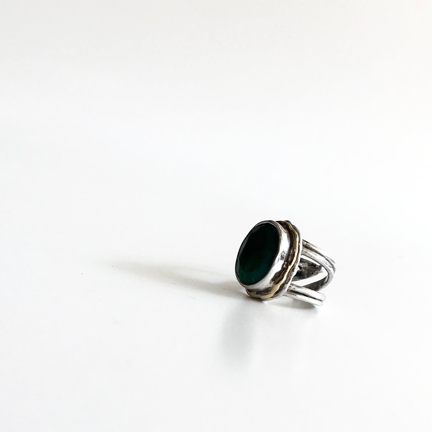 Rough Cut Emerald Magnolia Ring - solid Silver with Gold plate