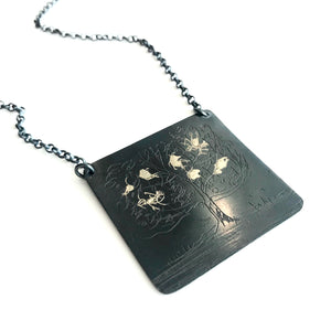 Nightwalk Oxidised Silver Gold Etched Tree Pendant Necklace