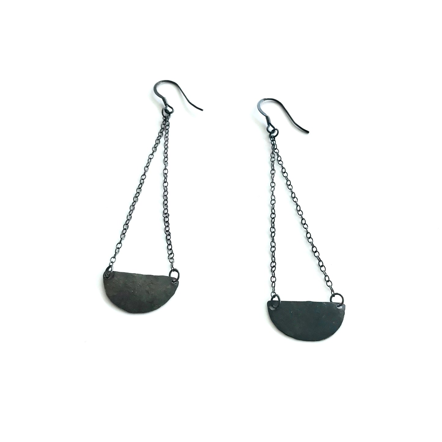 Oxidised Silver Chain Half Moon Beaten Earrings