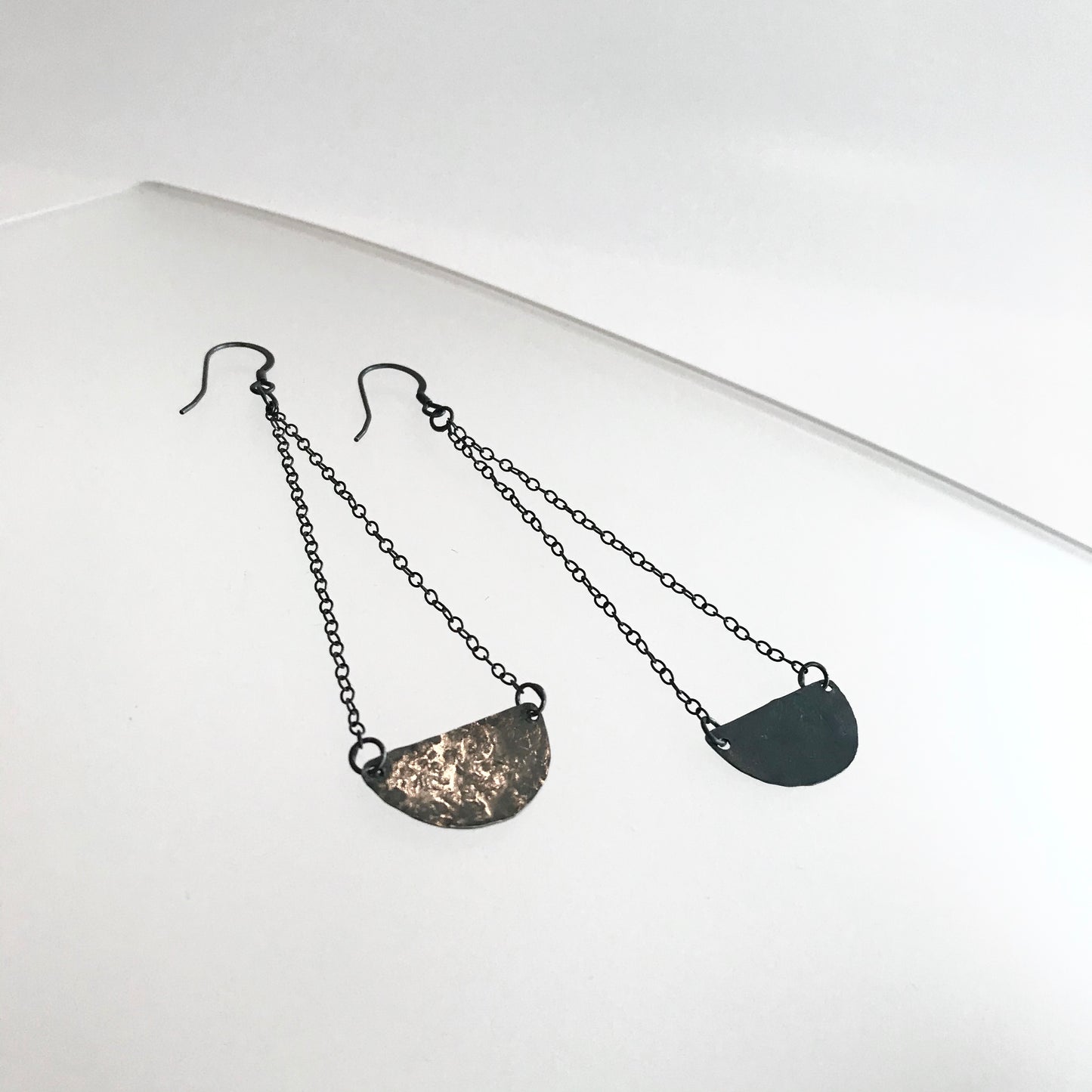 Oxidised Silver Chain Half Moon Beaten Earrings