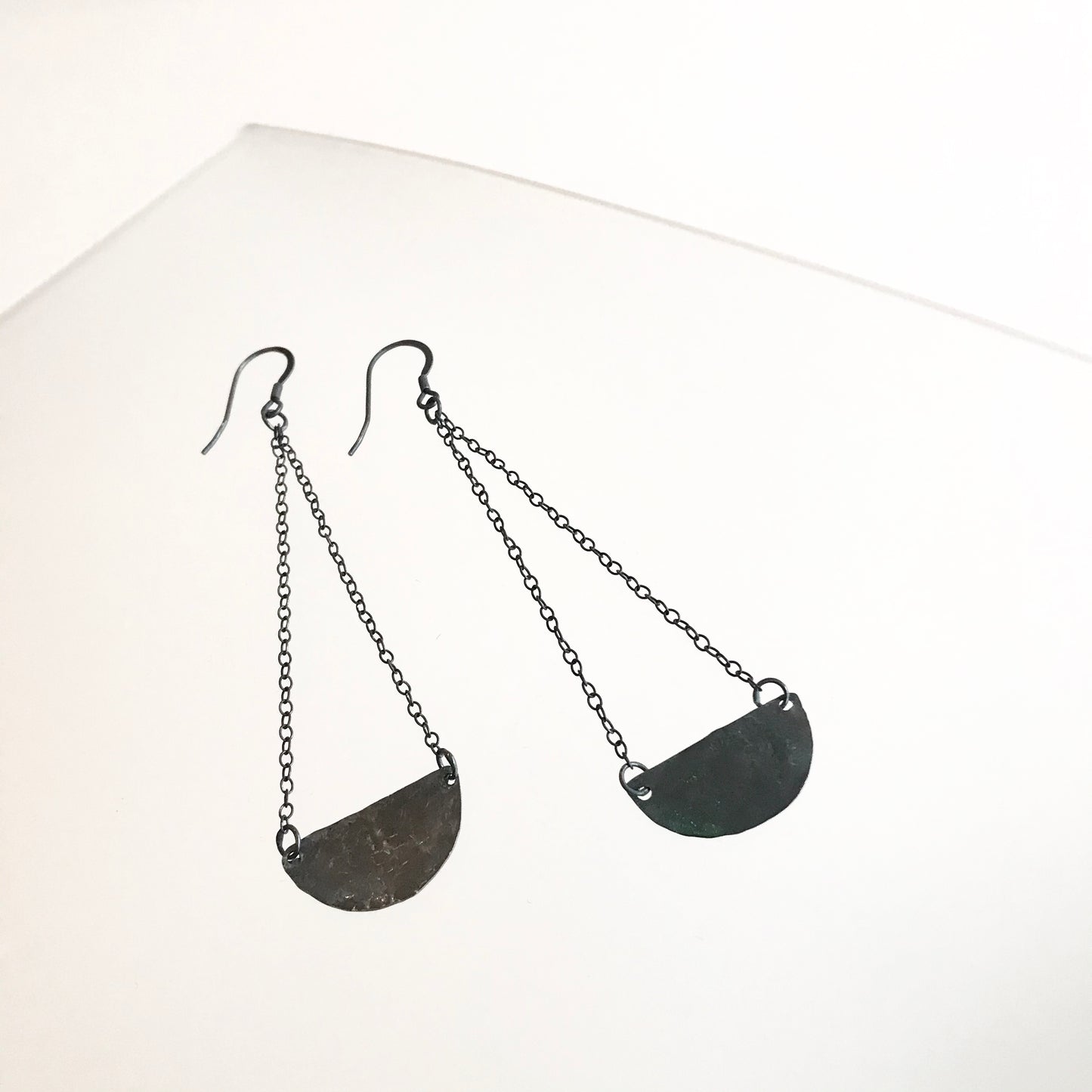 Oxidised Silver Chain Half Moon Beaten Earrings