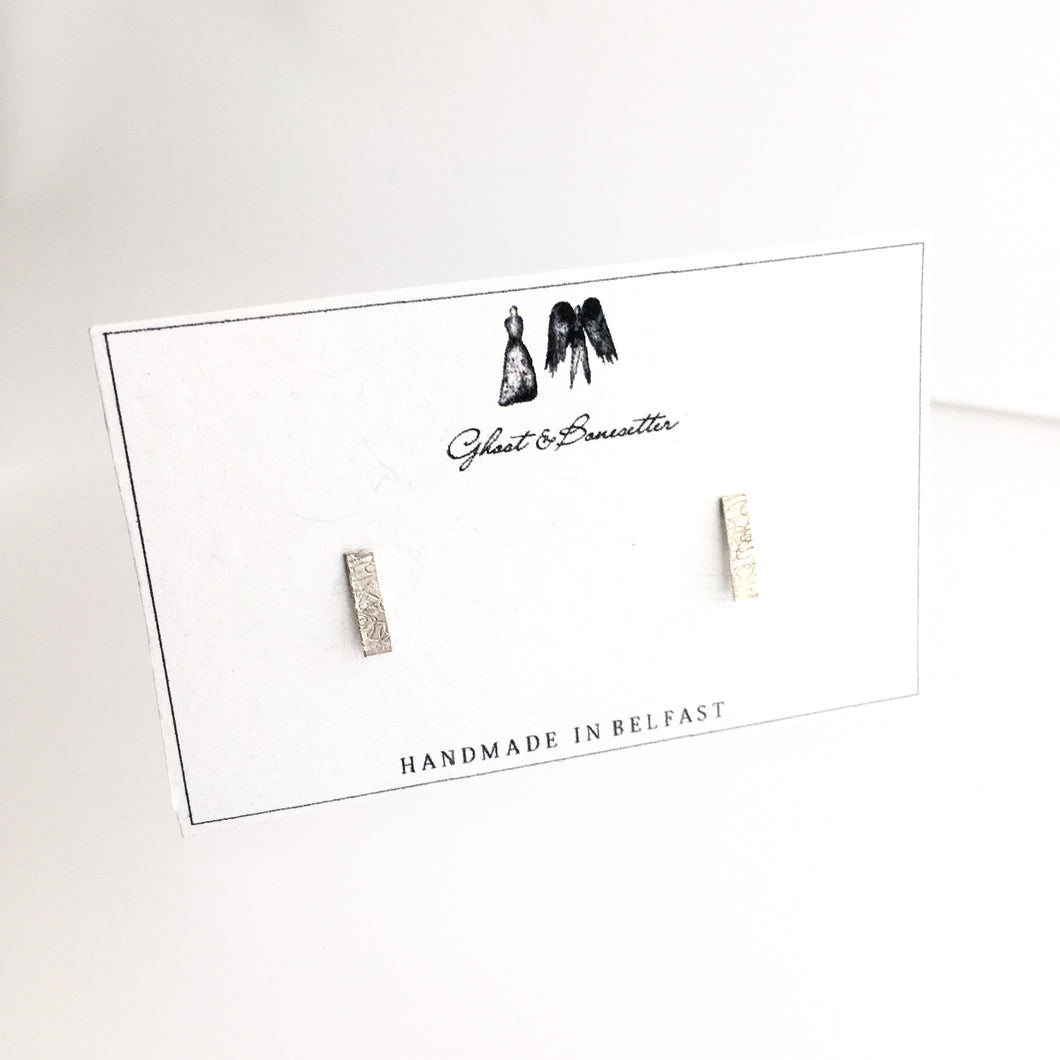 Silver Etched Rectangle Stud Earrings - by Ghost & Bonesetter - Made in Belfast
