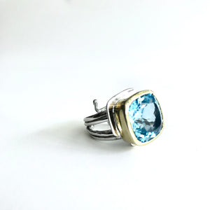 Blue Topaz Art Deco Ring - Solid Silver with Gold Plating