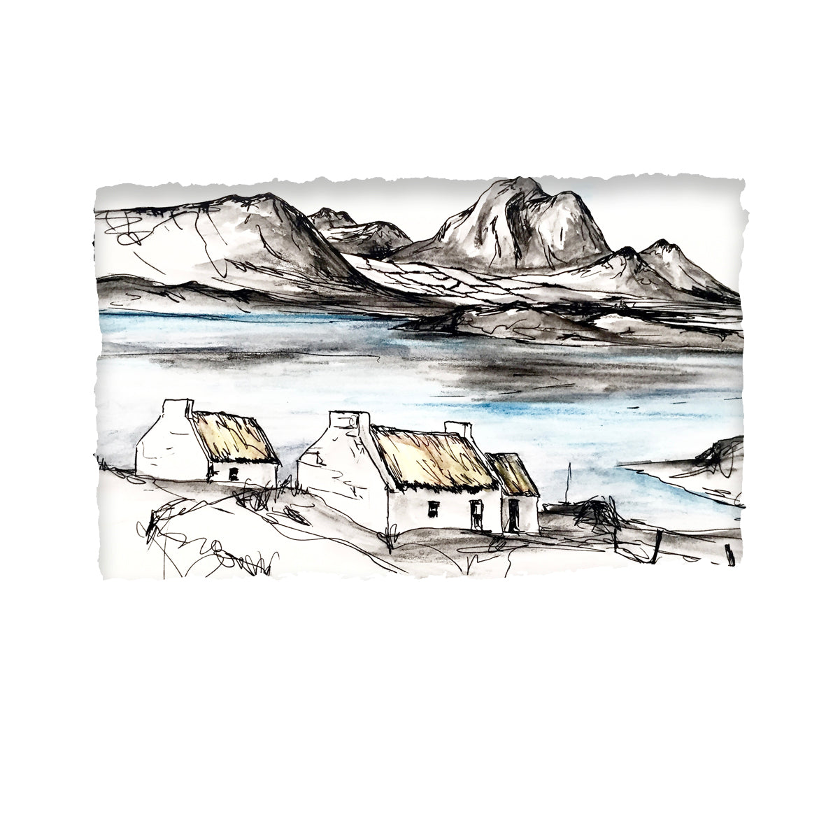 IRELAND - (C) Traditional Thatched Cottage Lake Mountain Scene by Stephen Farnan