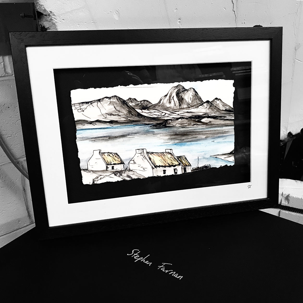 IRELAND - (C) Traditional Thatched Cottage Lake Mountain Scene by Stephen Farnan
