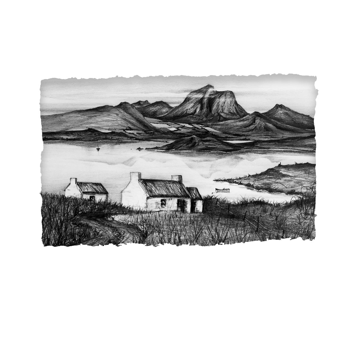 IRELAND - Traditional Thatched Cottage Lake Mountain Scene by Stephen Farnan