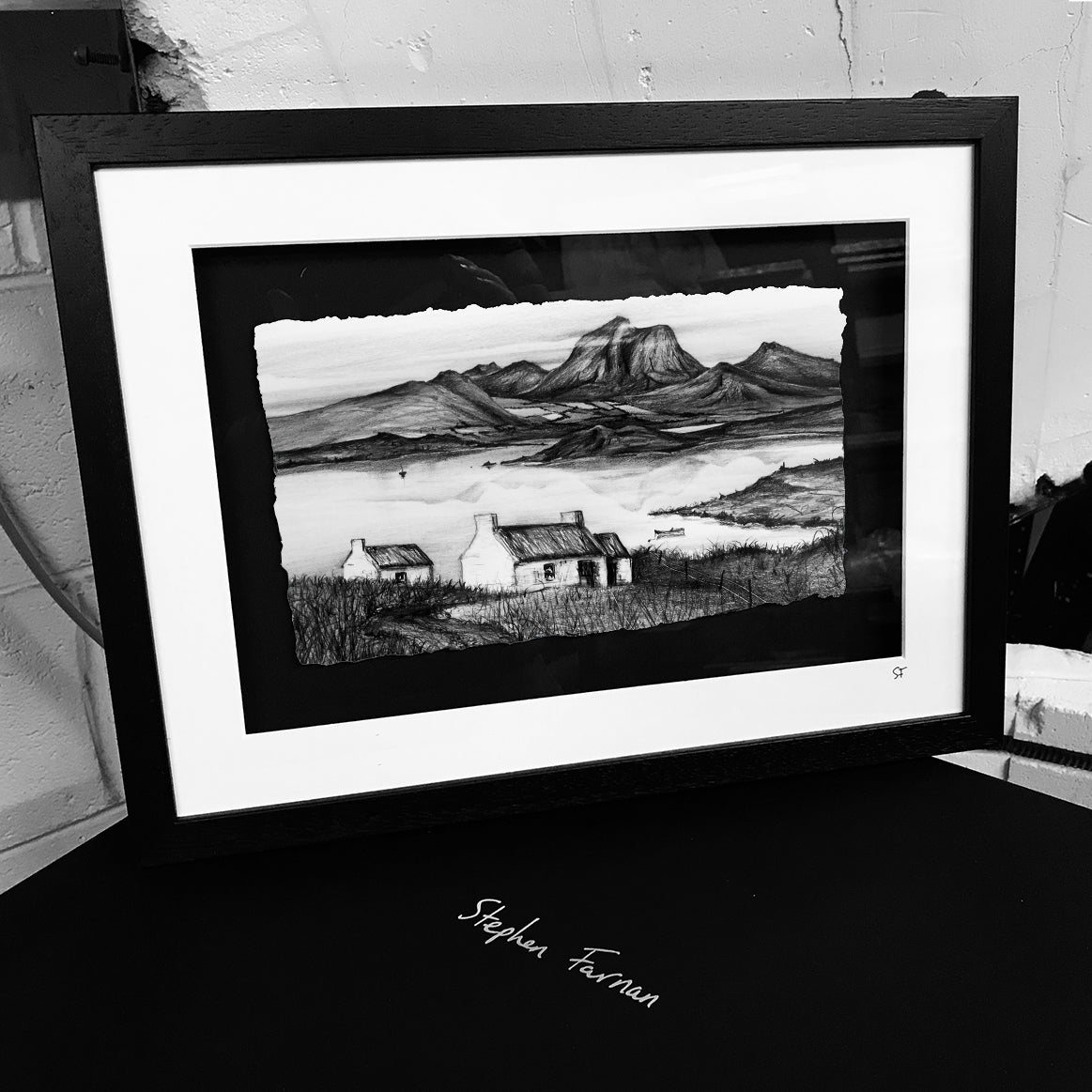IRELAND - Traditional Thatched Cottage Lake Mountain Scene by Stephen Farnan
