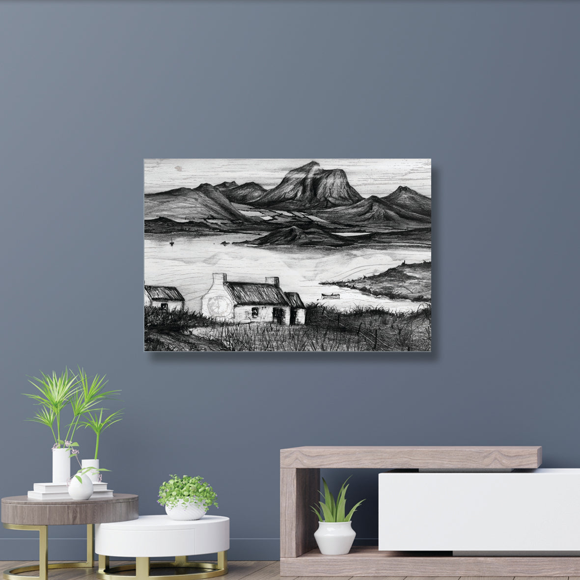 IRELAND - Traditional Thatched Cottage Lake Mountain Scene by Stephen Farnan