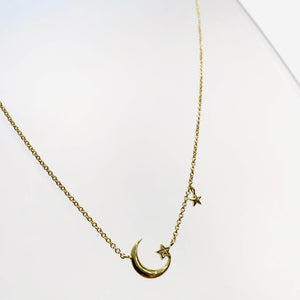 Gold Crescent Moon 2 Star Necklace