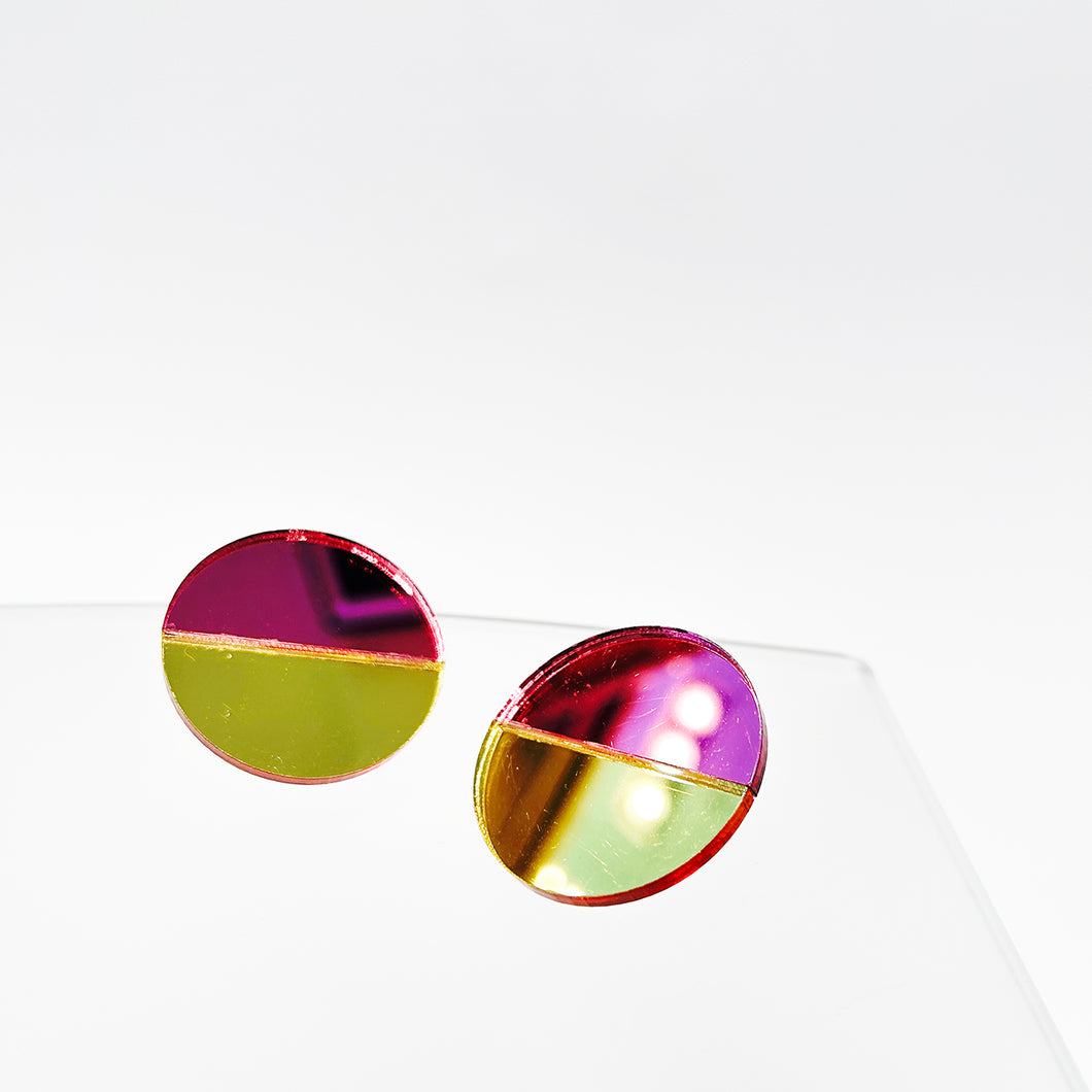 Dancer - Perspex Mirror Large Stud Earrings in Gold & Pink