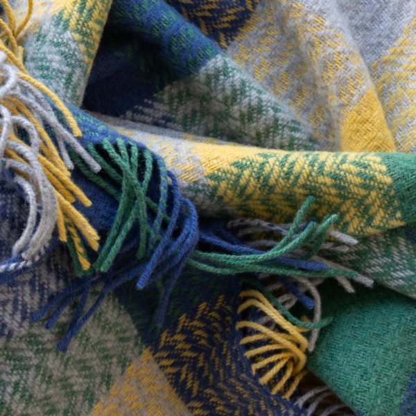 Merino Wool Cashmere Throw Blue Grey Yellow Green Block Textured Twill