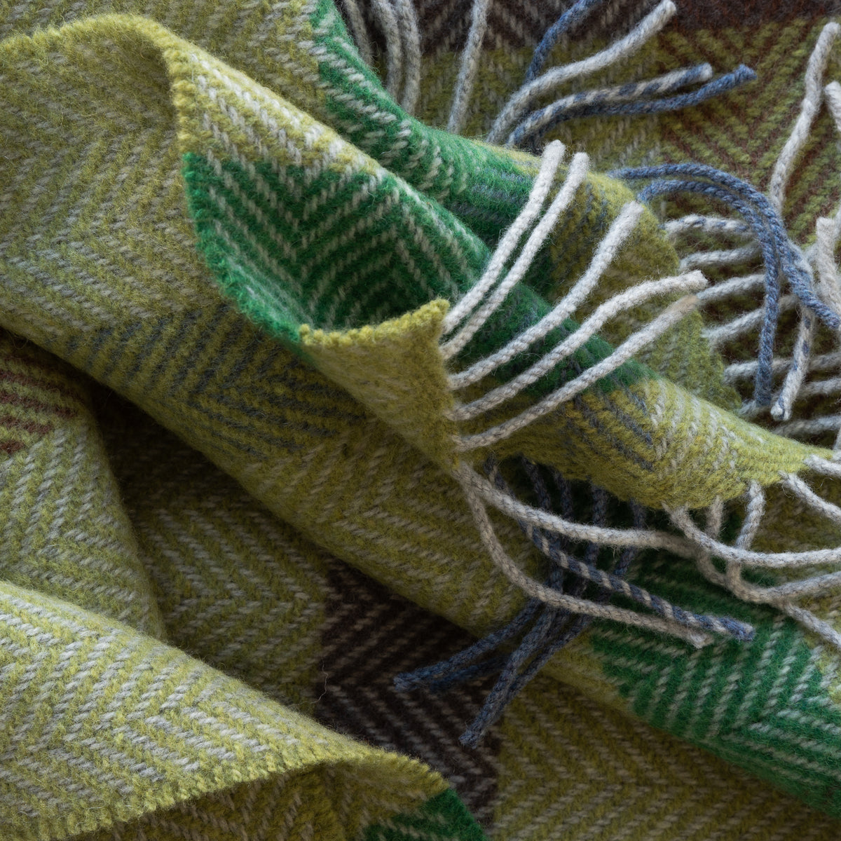 Merino Wool Cashmere Throw Green Brown Grey Check Herringbone