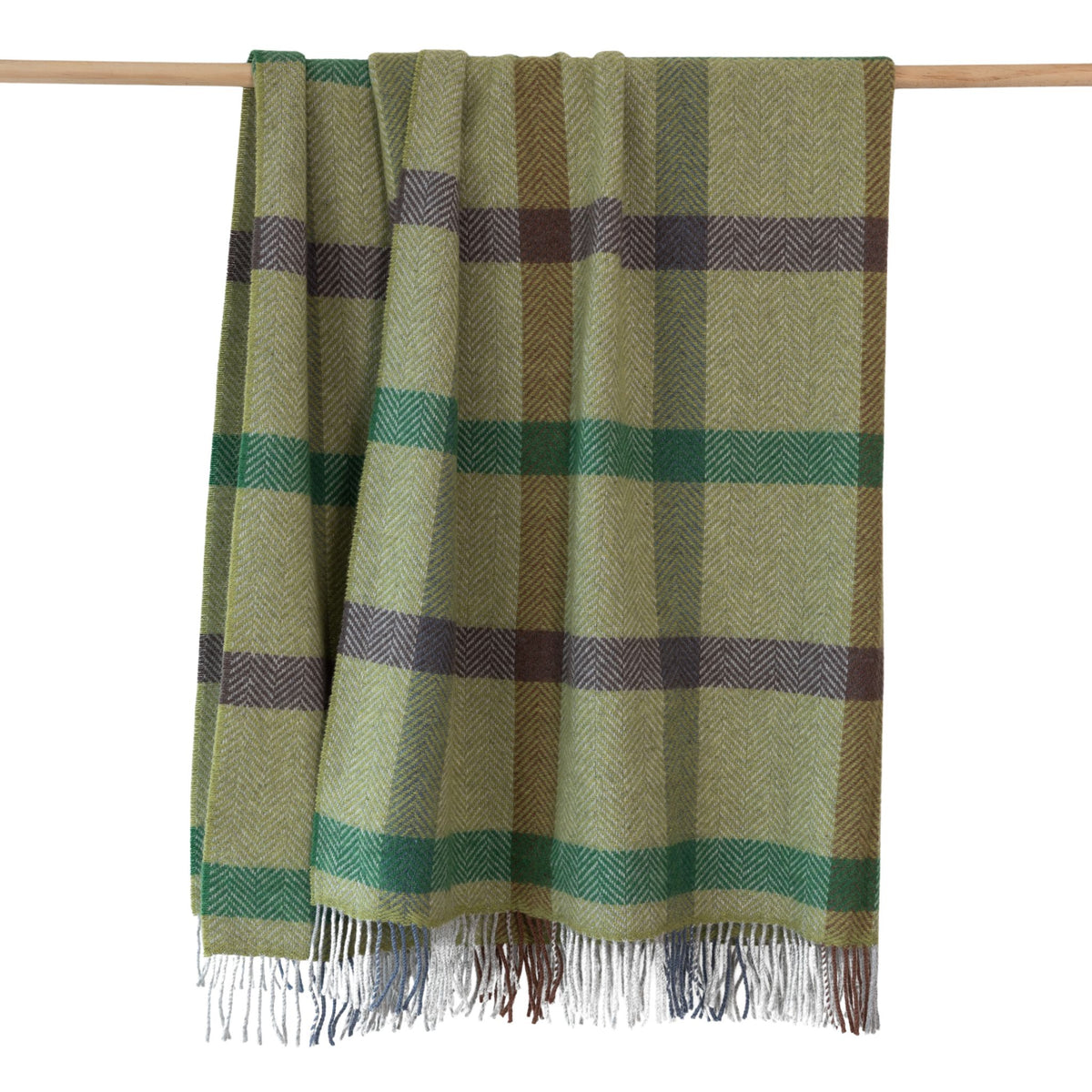 Merino Wool Cashmere Throw Green Brown Grey Check Herringbone