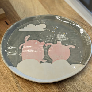 PIGS WATCHING FLIES Medium Plate - Handmade Grey Dish