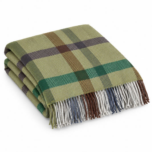 Merino Wool Cashmere Throw Green Brown Grey Check Herringbone