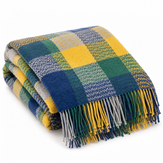 Merino Wool Cashmere Throw Blue Grey Yellow Green Block Textured Twill