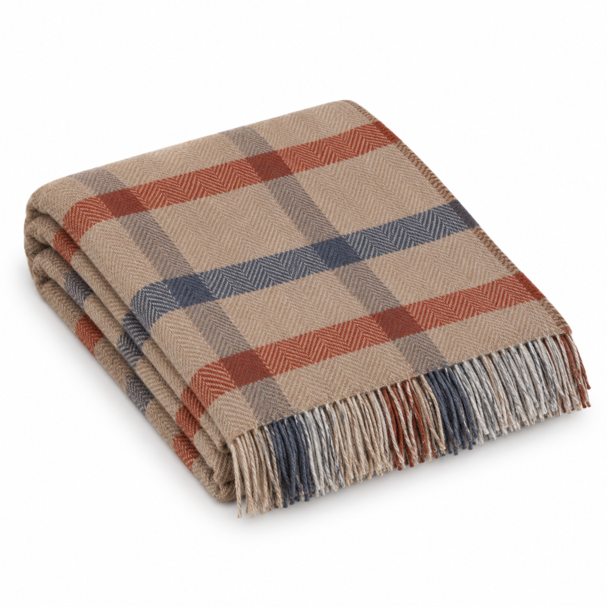 Merino Wool Cashmere Throw Camel Rust Brown Grey Check Herringbone
