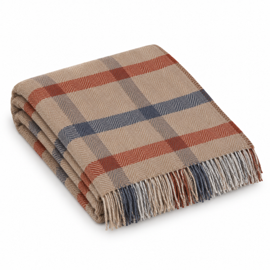 Merino Wool Cashmere Throw Camel Rust Brown Grey Check Herringbone