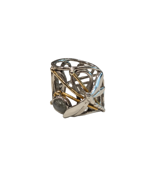 Dragonfly Ring with Moonstone - Solid Silver with Gold Plate