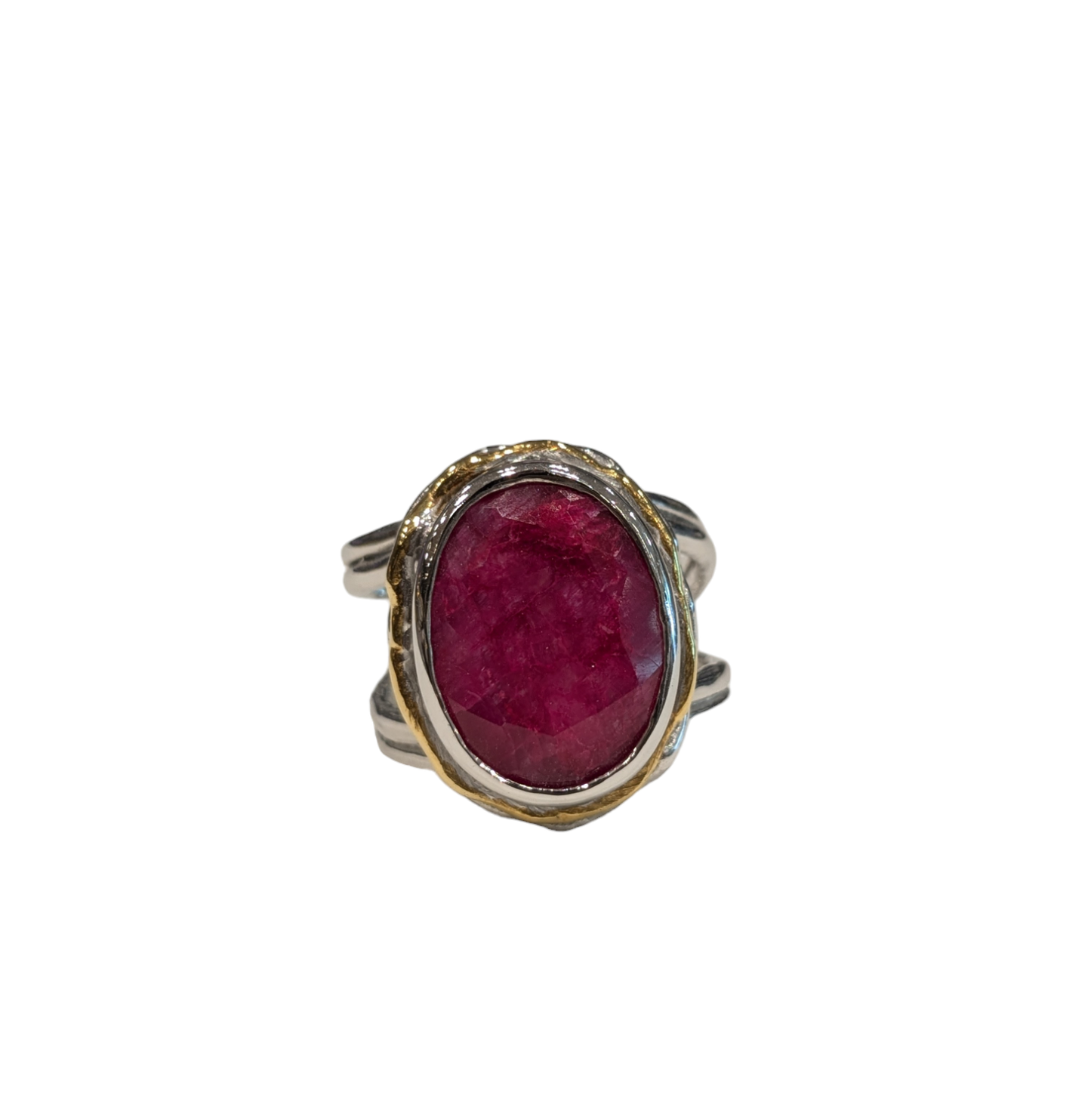 Magnolia Ring with Rough Cut Ruby - Solid Silver and Gold Plate