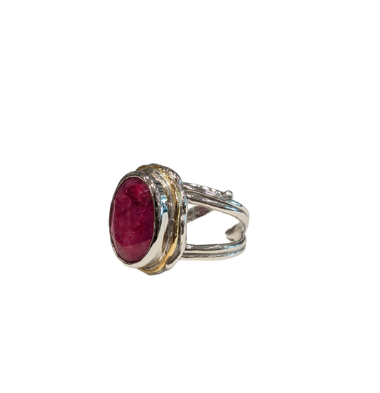 Magnolia Ring with Rough Cut Ruby - Solid Silver and Gold Plate