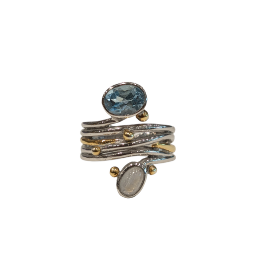Snake Ring with Kyanite & Moonstone - Solid Silver and Gold Plate