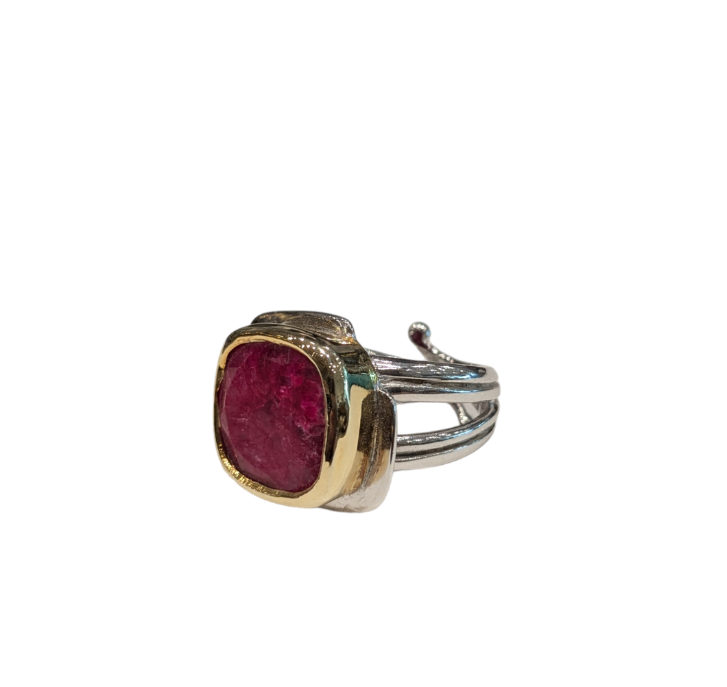 Rough Cut Ruby Art Deco Ring - Solid Silver with Gold plate