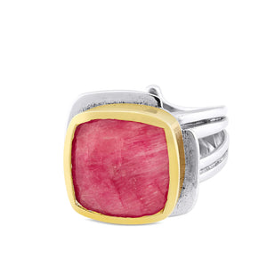 Rough Cut Ruby Art Deco Ring - Solid Silver with Gold plate