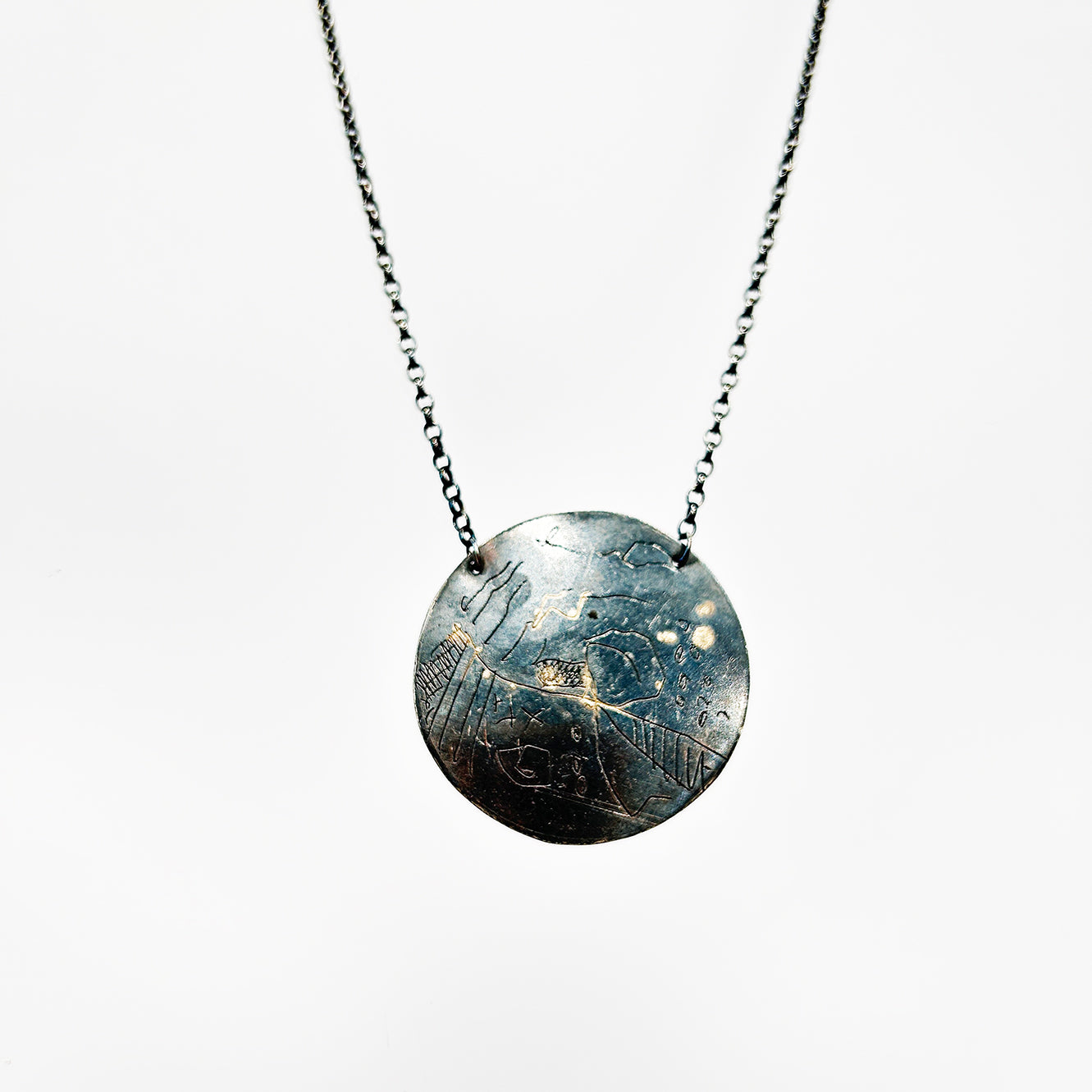 Map Pendant Necklace Large - Oxidised Sterling Silver with 9ct Gold