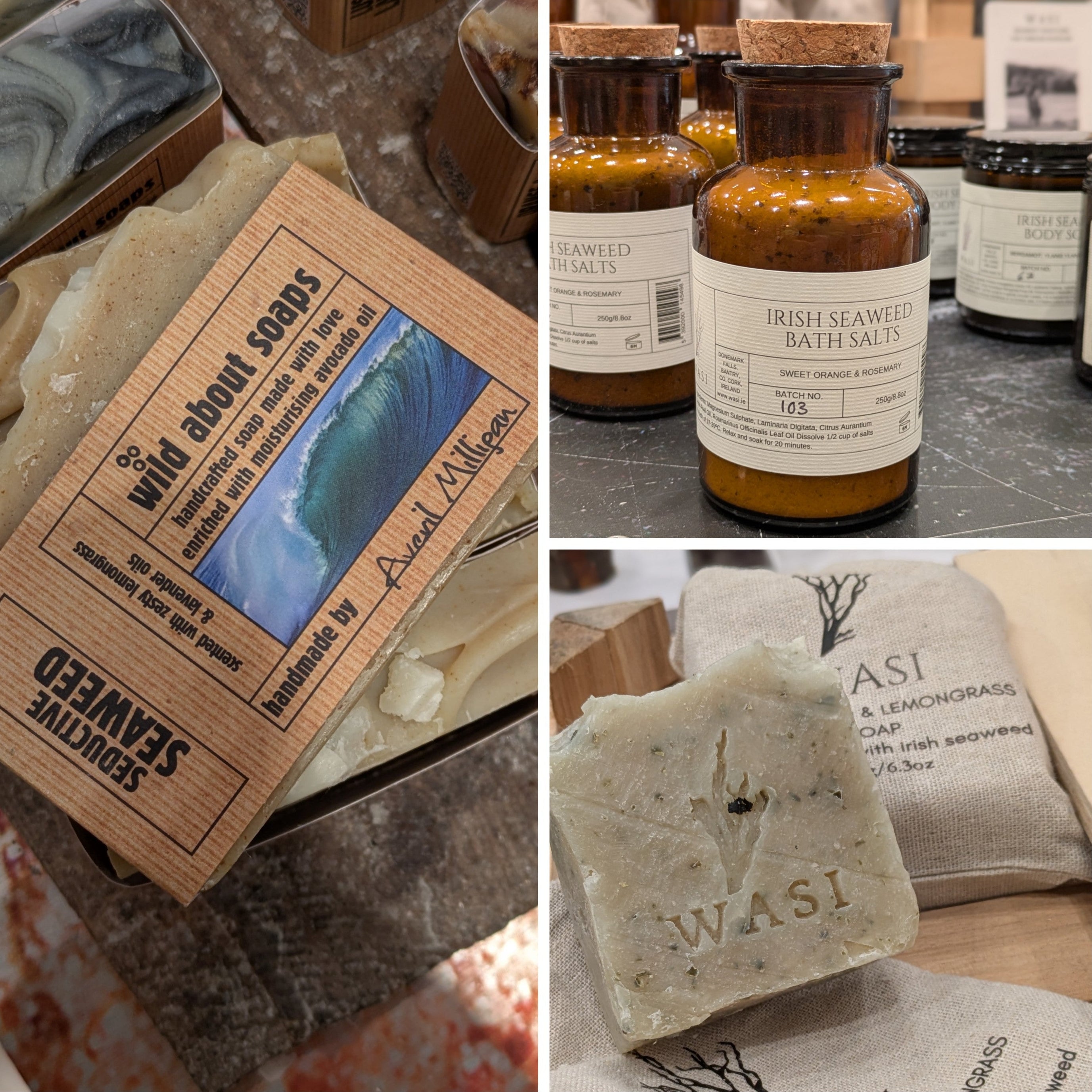 Collage of Irish Seaweed Soaps and Bath Salts with packaging and product close-ups.