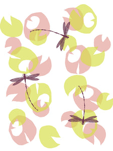 Tea Towel, Waterlillies (Lime/Pink) - Screenprinted Irish Linen