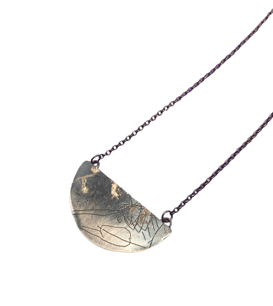 Map Half Moon Pendant Large - Oxidised Sterling Silver with 9ct Gold