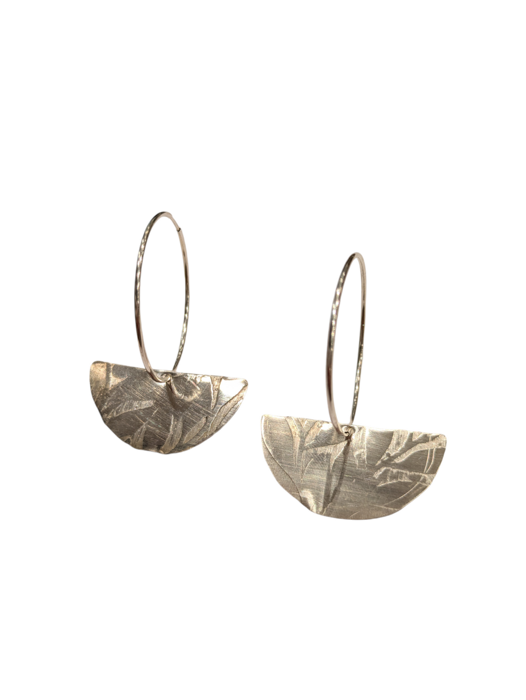 Embossed Half Moon Hoop Earrings - Sterling Silver