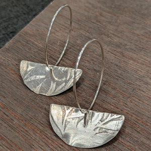 Embossed Half Moon Hoop Earrings - Sterling Silver