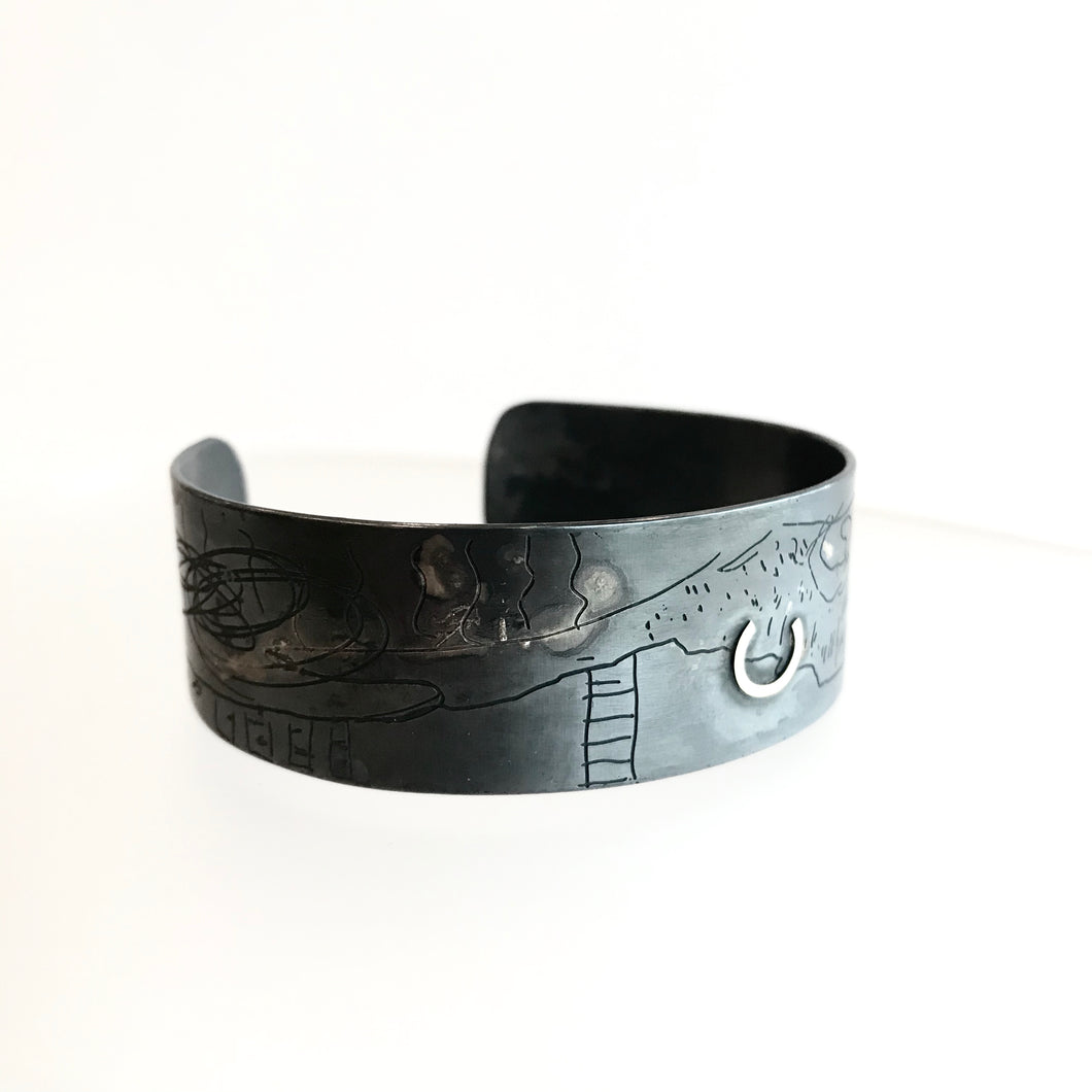 Oxidised Silver Gold Etched Cuff